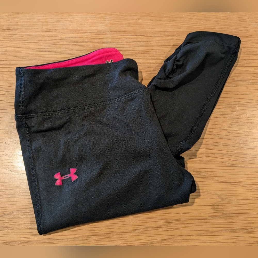 Under Armour AllSeasonGear Pink Trim Black Fitted Workout Leggings in YLG